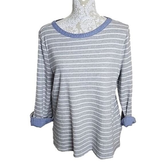 Nautica womens 3/4 sleeve gray and white striped top with denim trim, size XXL - Picture 1 of 5